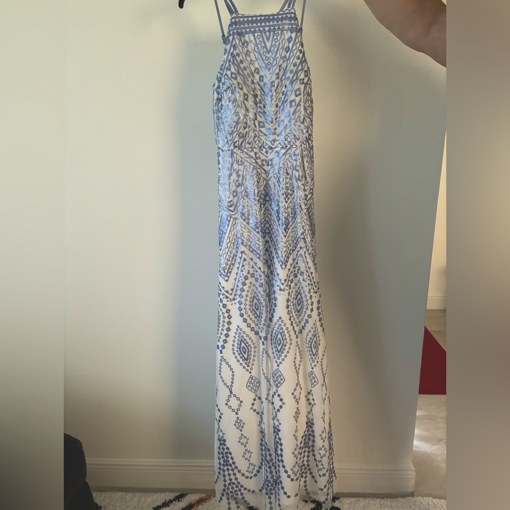 White/Blue Prom Dress with Lace-Up Back
